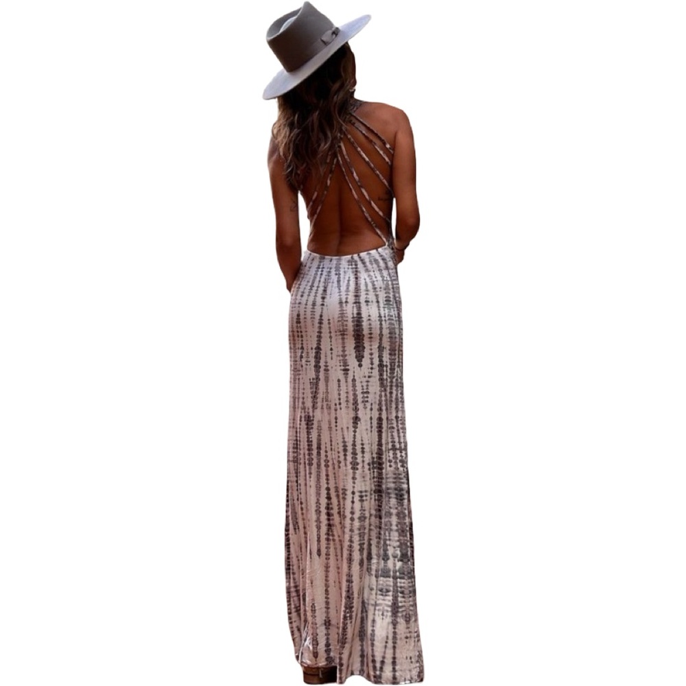Elegant Cream and Brown Maxi Dress - Picture 2 of 10